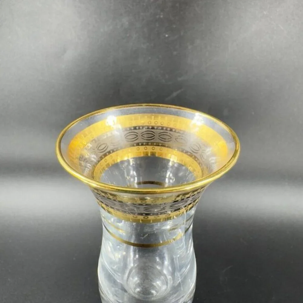 Vintage Glass Candlestick Holder Set 2 Clear Crystal With Gold Painted Decor Top